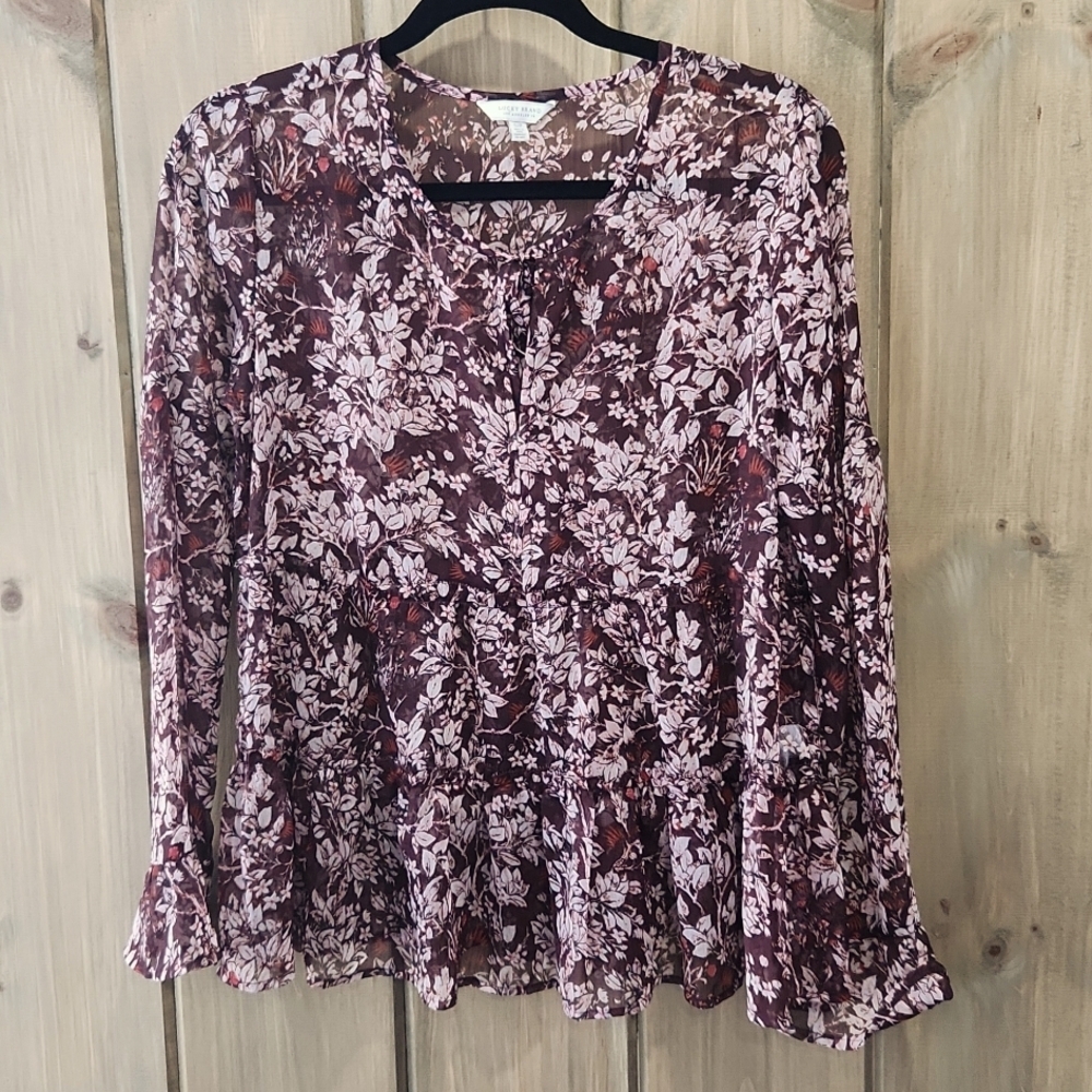 Lucky Brand Blouse Womens Size S Burgundy Pink Floral Boho Fringe V-neck Top